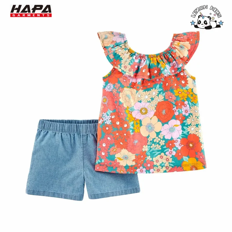 LEZONKIDS - Customizable Direct Custom Lovely Cute Girl Flower Clothes Denim Short Holiday Beach Clothing Sets for Summer